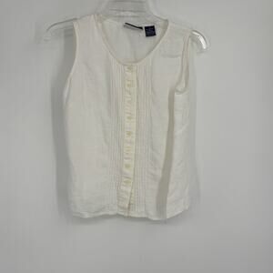 Liz Claiborne Lizsport White 100% Linen Cropped Button Front Blouse Size 6‎